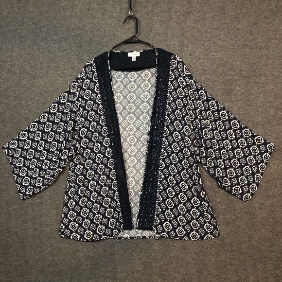 Dressbarn 2X Knit Cardigan Sweater Open Front Blue White Aztec Print Lace Trim - Picture 1 of 9